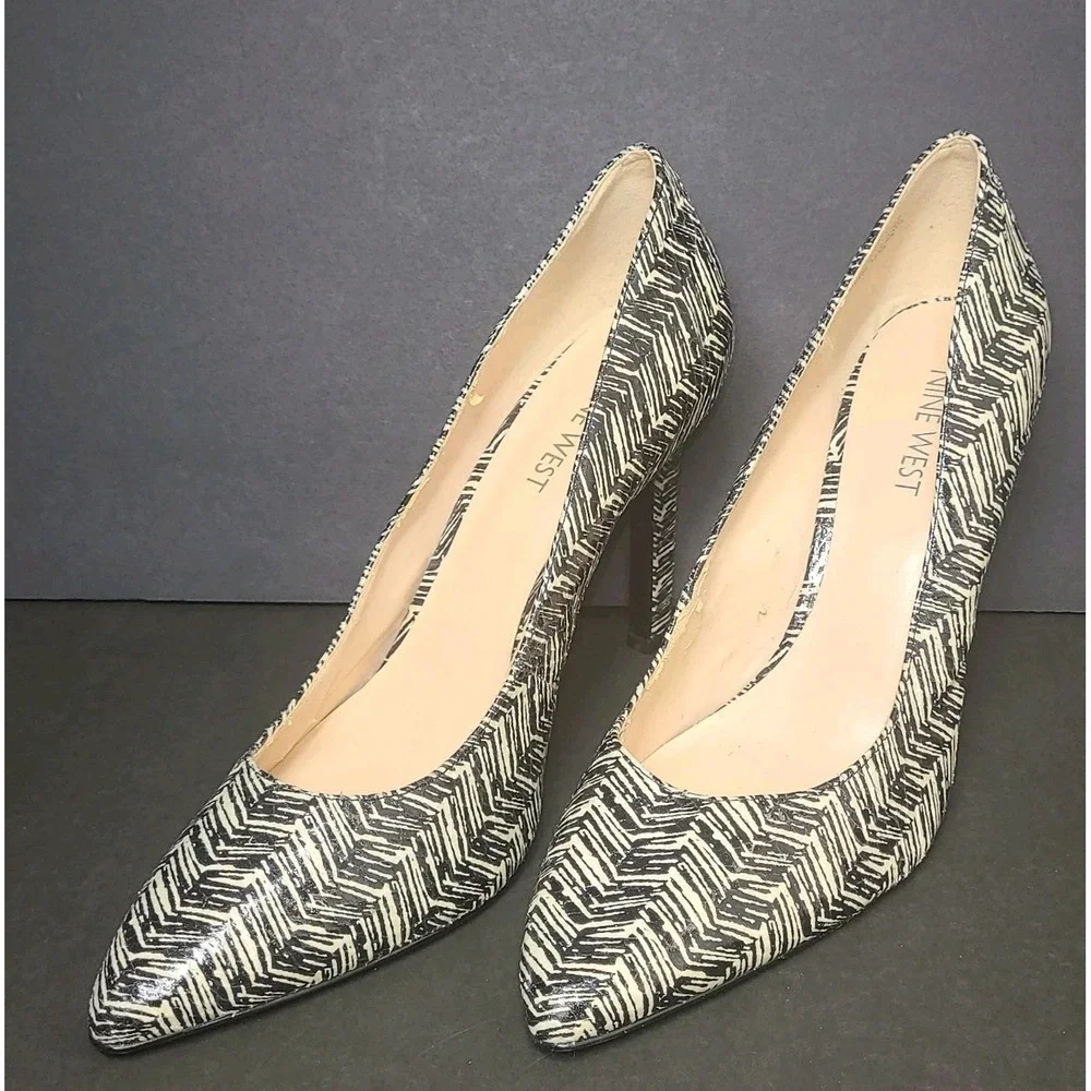 Nine West Black White Chevron Pointed Toe Heels 4